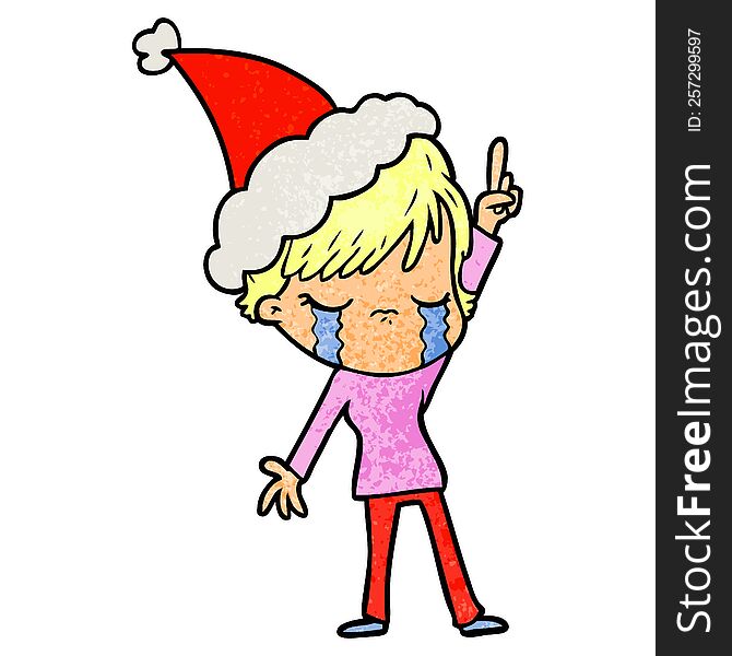 Textured Cartoon Of A Woman Crying Wearing Santa Hat