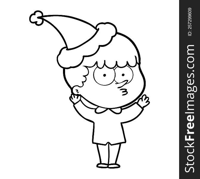 hand drawn line drawing of a curious boy wearing santa hat