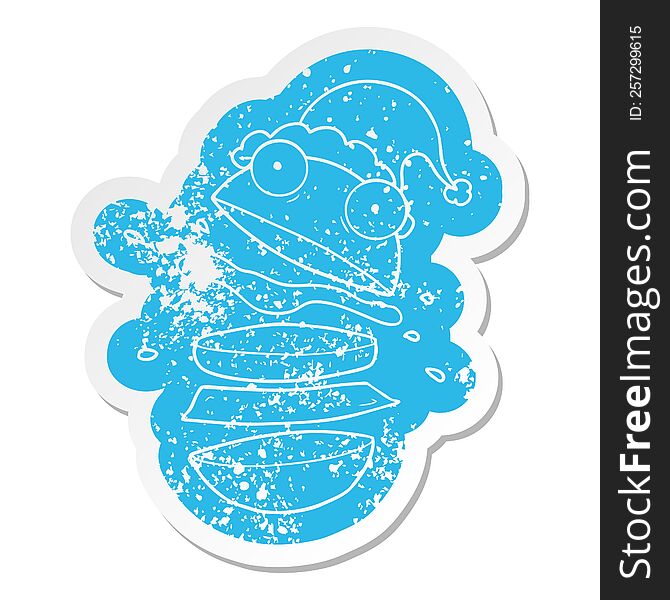 quirky cartoon distressed sticker of a amazing burger wearing santa hat