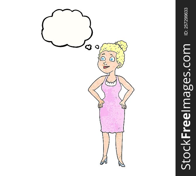 freehand drawn thought bubble textured cartoon woman wearing dress