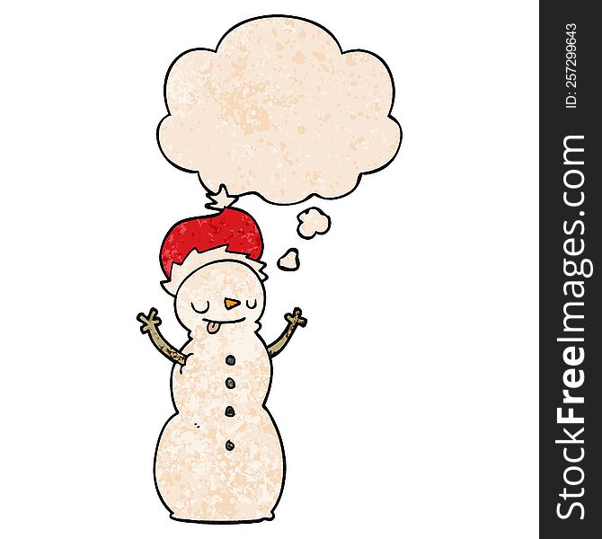 Cartoon Christmas Snowman And Thought Bubble In Grunge Texture Pattern Style