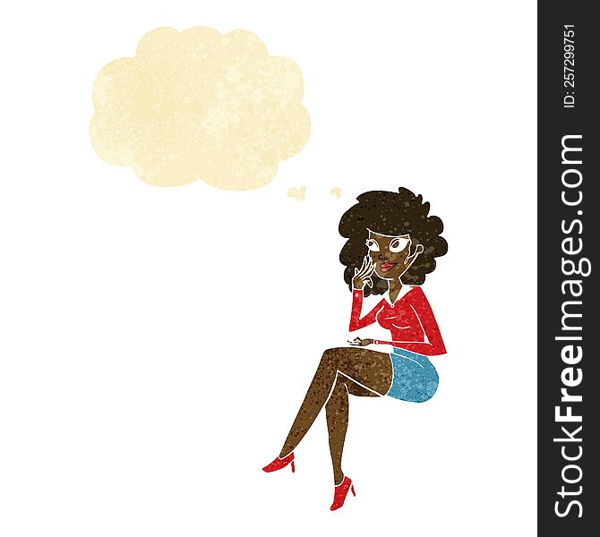 cartoon office woman sitting with thought bubble