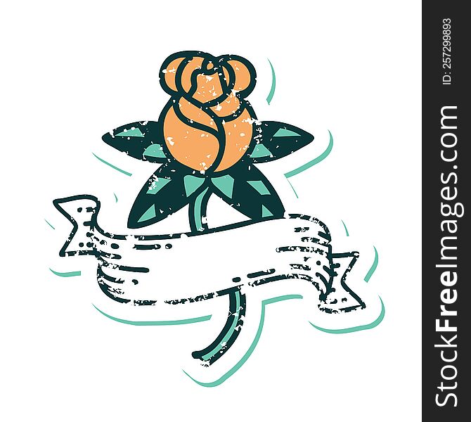 iconic distressed sticker tattoo style image of a rose and banner. iconic distressed sticker tattoo style image of a rose and banner