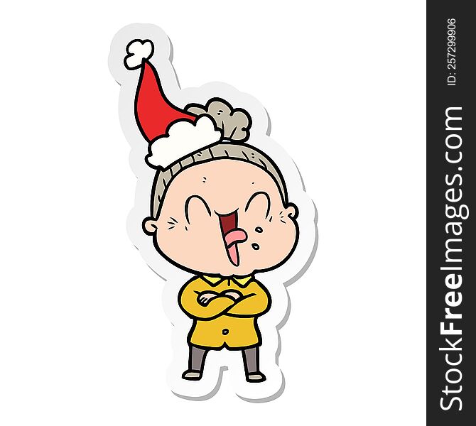 hand drawn sticker cartoon of a happy old woman wearing santa hat