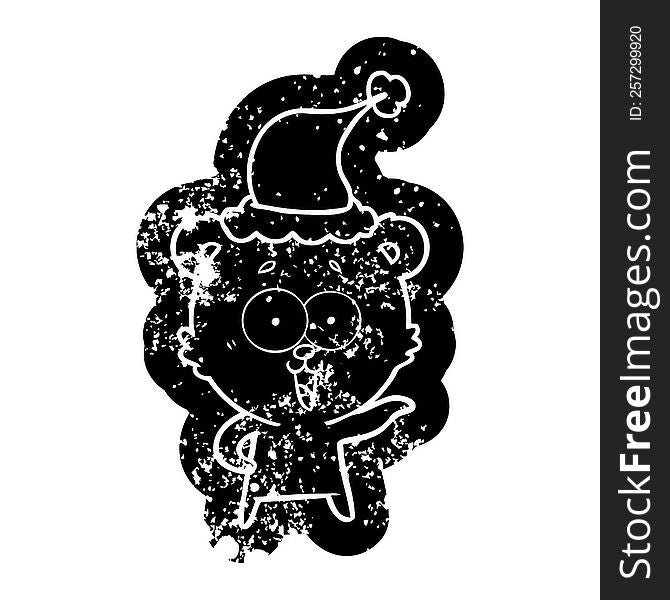 laughing teddy  bear cartoon distressed icon of a wearing santa hat