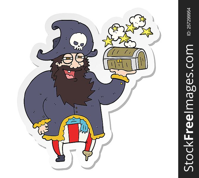 sticker of a cartoon pirate captain with treasure chest