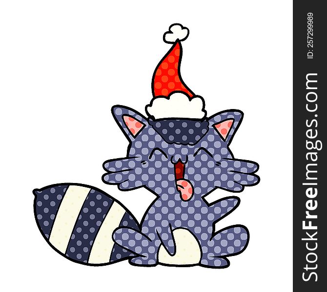 cute hand drawn comic book style illustration of a raccoon wearing santa hat