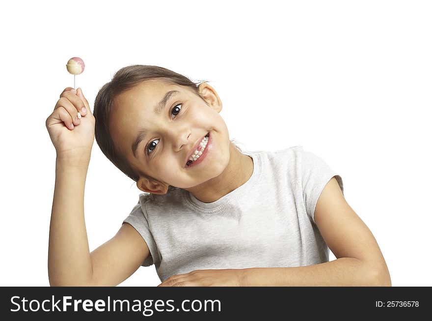 Young girl with missing front tooth on white background