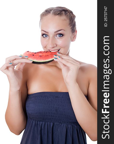 Woman against white background taking a bite of watermelon. Woman against white background taking a bite of watermelon