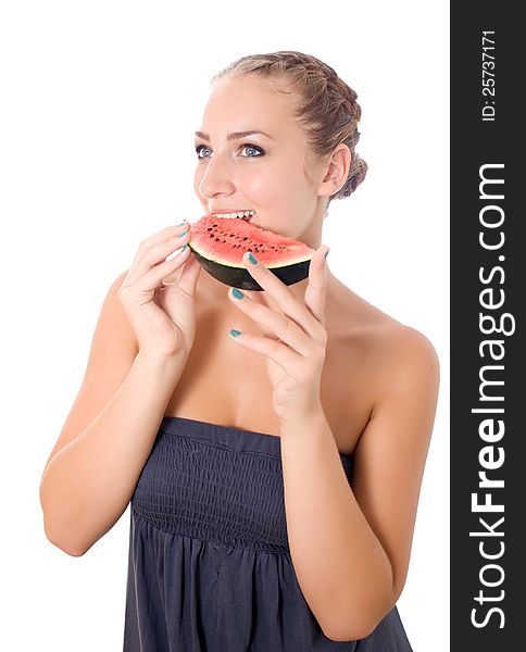 Woman against white background taking a bite of watermelon. Woman against white background taking a bite of watermelon