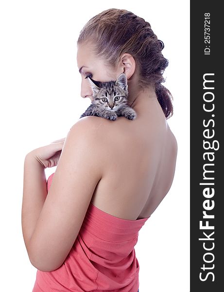 Portrait of a cute girl with a kitten against white background. Portrait of a cute girl with a kitten against white background