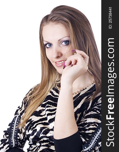 Ambition and greed in fashion woman with jewelry in hands on white background