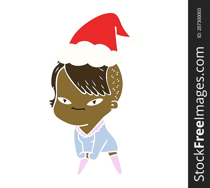 Cute Flat Color Illustration Of A Girl With Hipster Haircut Wearing Santa Hat