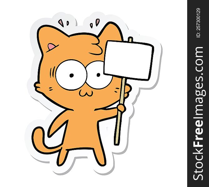 Sticker Of A Cartoon Surprised Cat Waving Sign