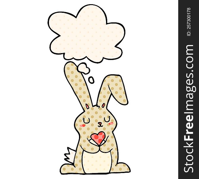 cartoon rabbit in love with thought bubble in comic book style