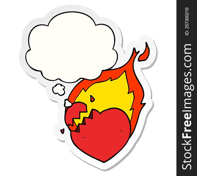 cartoon flaming heart with thought bubble as a printed sticker