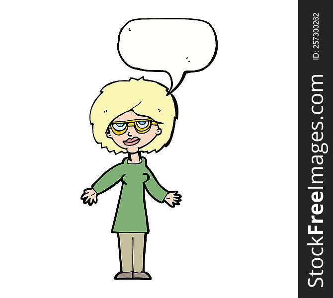 cartoon woman wearing glasses with speech bubble