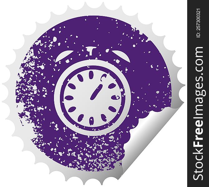 distressed circular peeling sticker symbol of a alarm clock