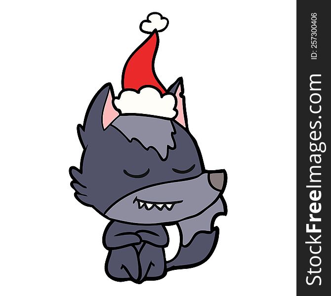 Friendly Line Drawing Of A Wolf Sitting Wearing Santa Hat