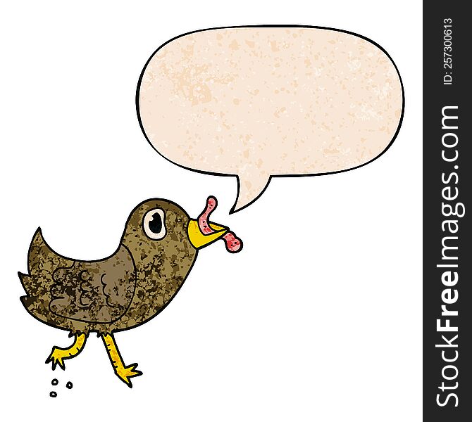 cartoon bird with worm with speech bubble in retro texture style. cartoon bird with worm with speech bubble in retro texture style