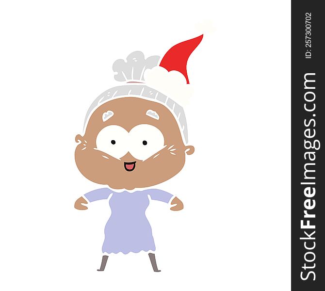 hand drawn flat color illustration of a happy old woman wearing santa hat