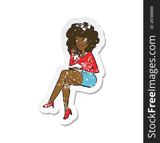 retro distressed sticker of a cartoon office woman sitting