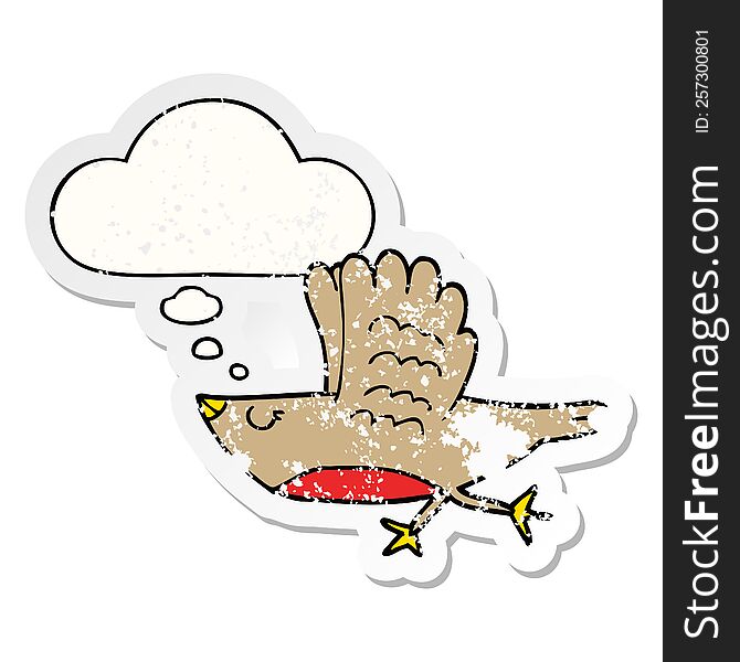 cartoon bird with thought bubble as a distressed worn sticker