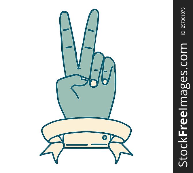 Retro Tattoo Style peace two finger hand gesture with banner. Retro Tattoo Style peace two finger hand gesture with banner