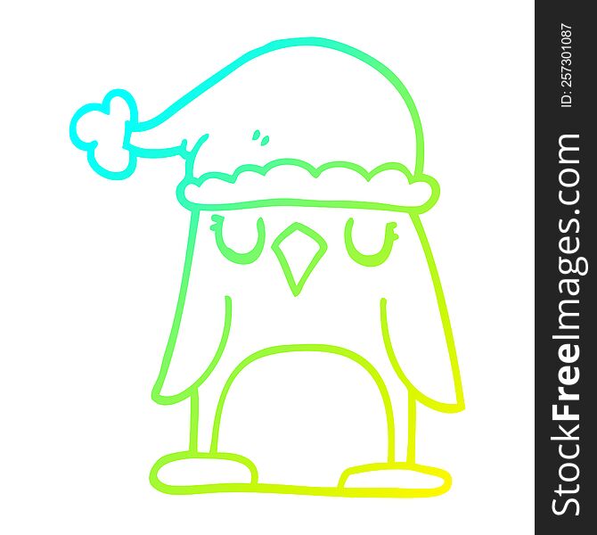 Cold Gradient Line Drawing Cartoon Penguin Wearing Christmas Hat