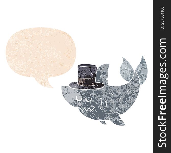 cartoon shark wearing top hat with speech bubble in grunge distressed retro textured style. cartoon shark wearing top hat with speech bubble in grunge distressed retro textured style