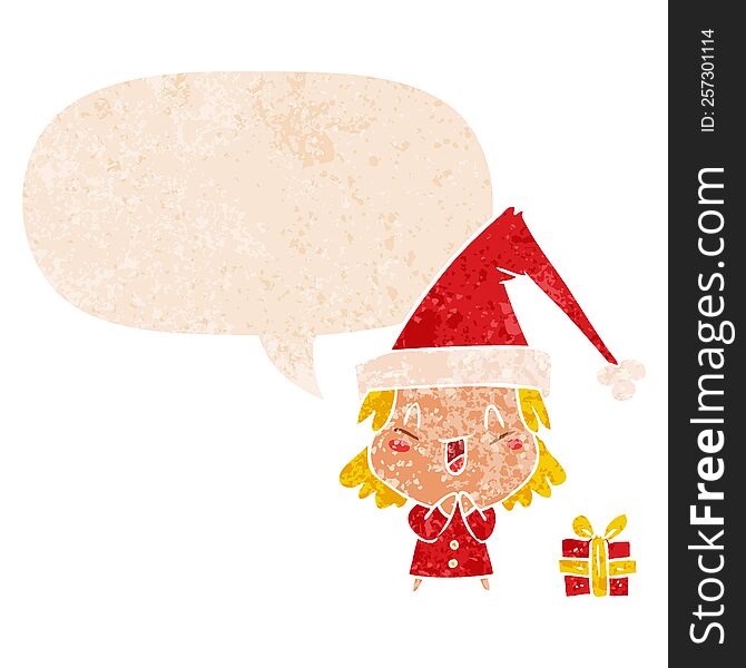 Cartoon Girl Wearing Christmas Hat And Speech Bubble In Retro Textured Style