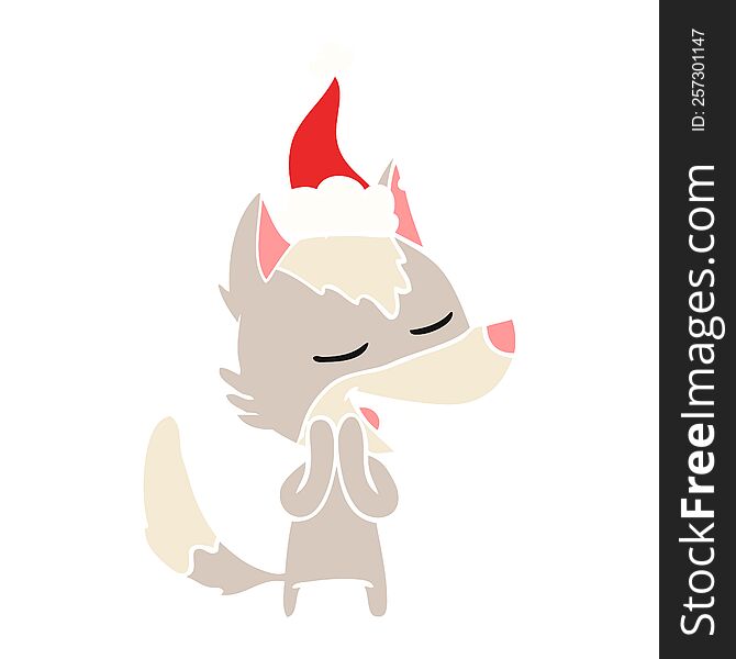 Flat Color Illustration Of A Wolf Laughing Wearing Santa Hat