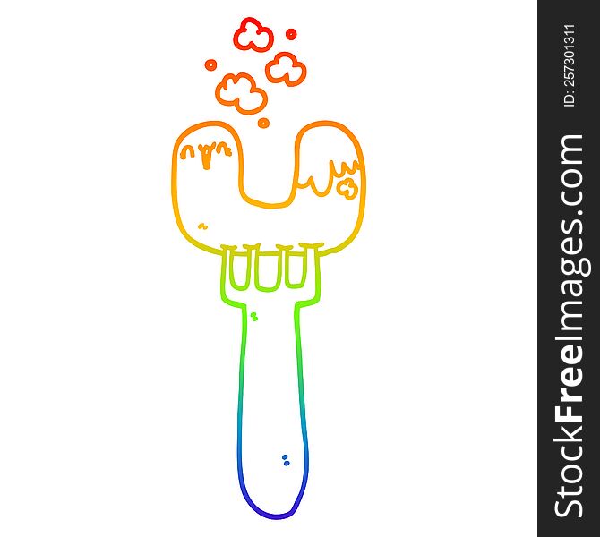 rainbow gradient line drawing of a cartoon sausage on fork