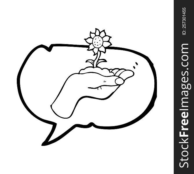 speech bubble cartoon flower growing in palm of hand