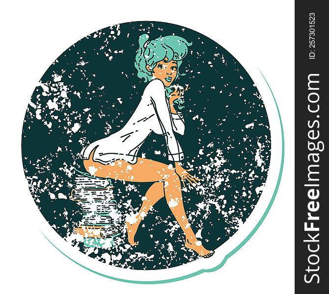 iconic distressed sticker tattoo style image of a pinup girl sitting on books. iconic distressed sticker tattoo style image of a pinup girl sitting on books