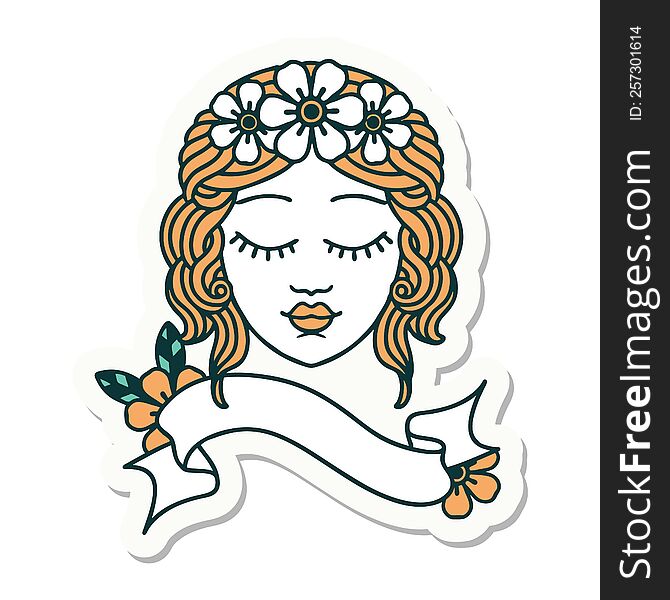 tattoo style sticker with banner of a maidens face