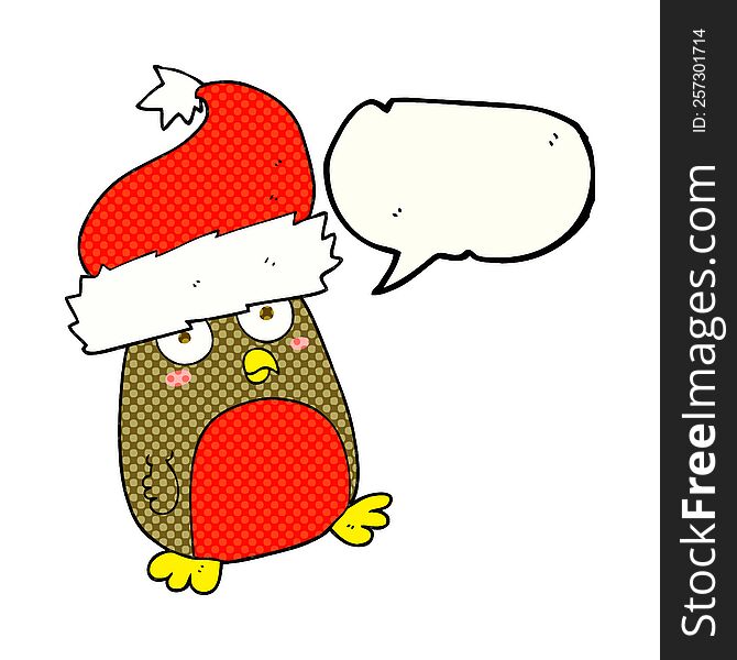 freehand drawn comic book speech bubble cartoon christmas robin wearing christmas hat. freehand drawn comic book speech bubble cartoon christmas robin wearing christmas hat