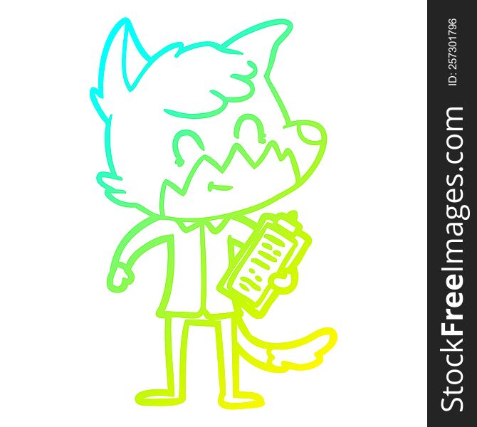 cold gradient line drawing of a cartoon happy fox salesman