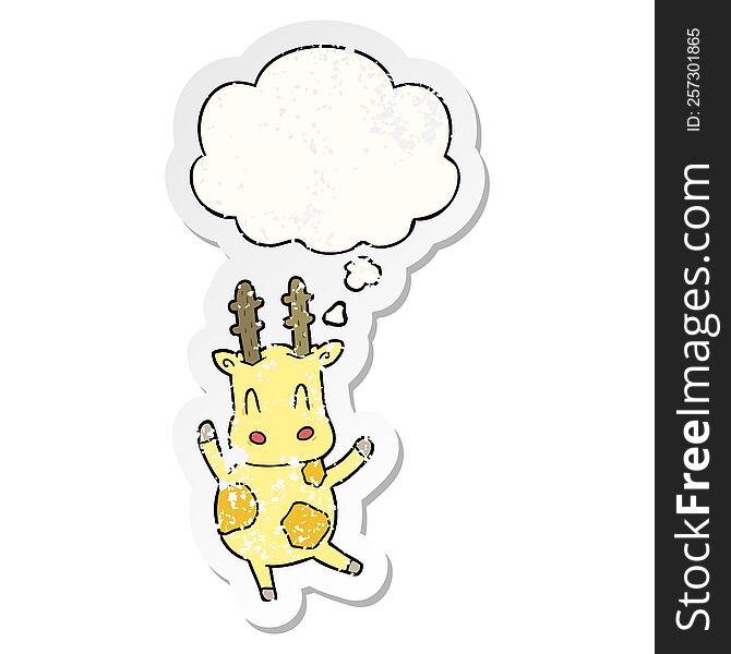 cute cartoon giraffe with thought bubble as a distressed worn sticker