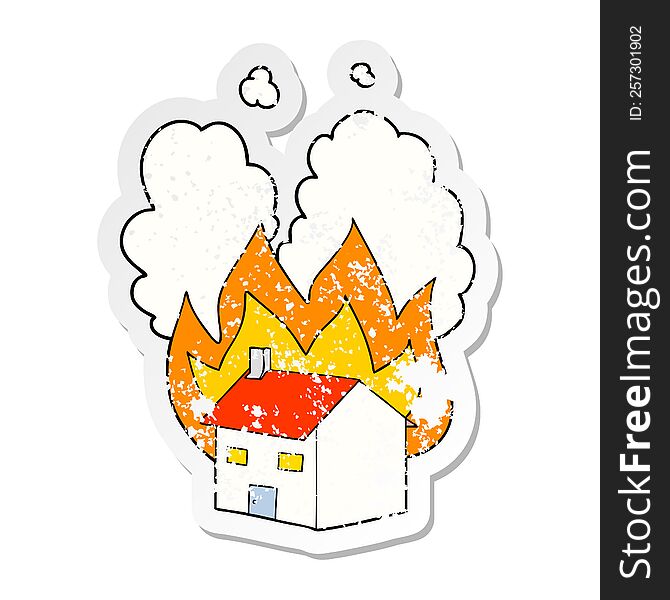 distressed sticker of a cartoon burning house