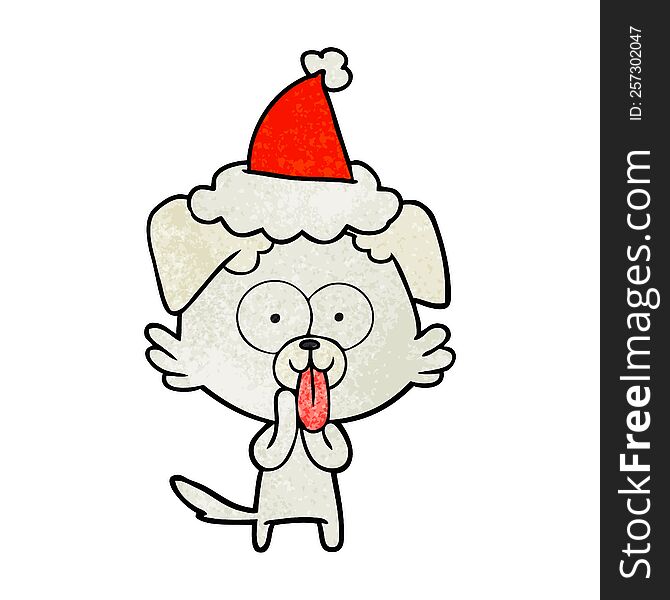 hand drawn textured cartoon of a dog with tongue sticking out wearing santa hat