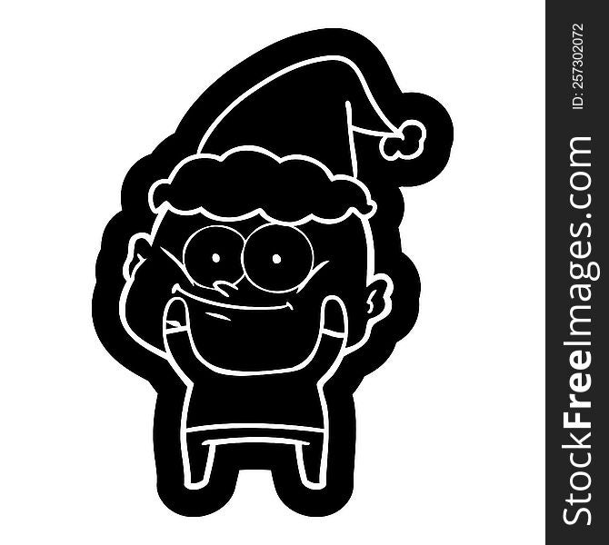 quirky cartoon icon of a bald man staring wearing santa hat