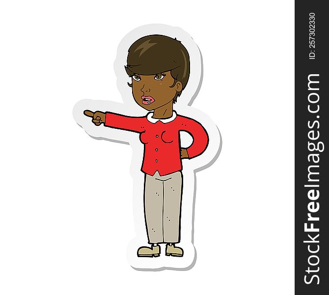 sticker of a cartoon woman pointing finger of blame