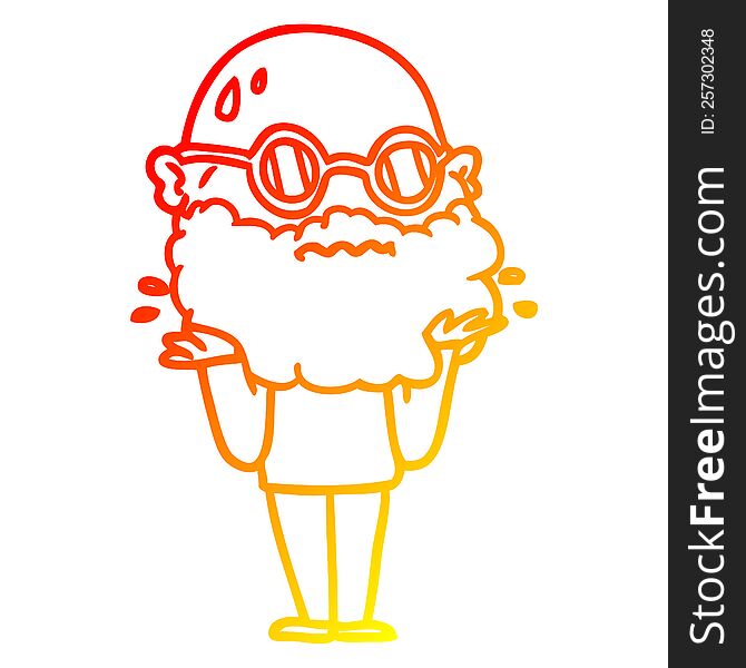 warm gradient line drawing of a cartoon worried man with beard and sunglasses