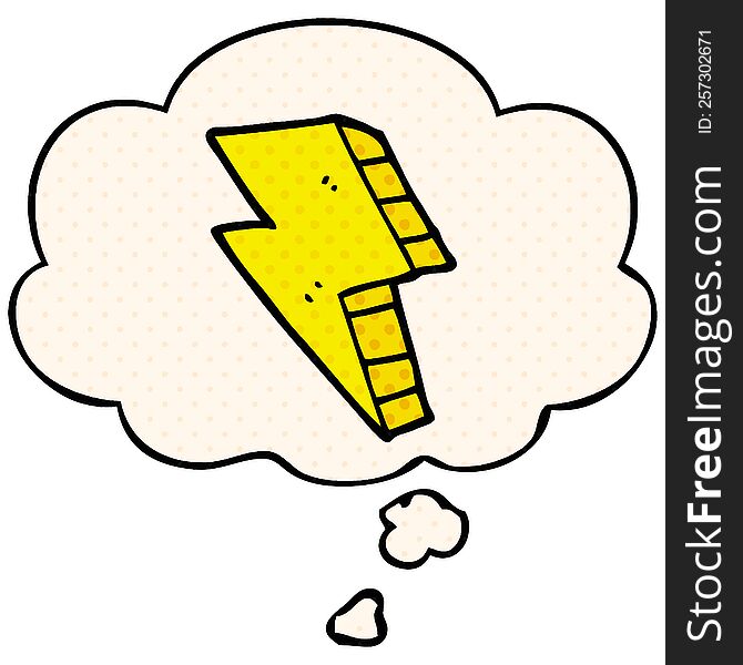 cartoon lightning bolt with thought bubble in comic book style