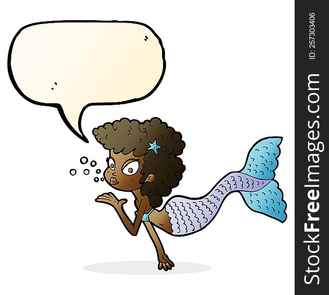 Cartoon Mermaid Blowing Kiss With Speech Bubble