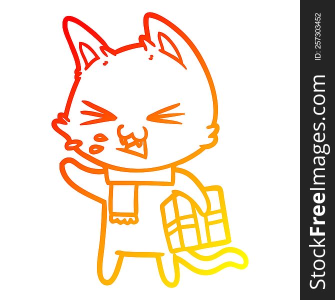 Warm Gradient Line Drawing Cartoon Hissing Cat With Christmas Present
