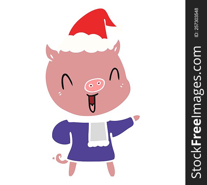 Happy Flat Color Illustration Of A Pig In Winter Clothes Wearing Santa Hat