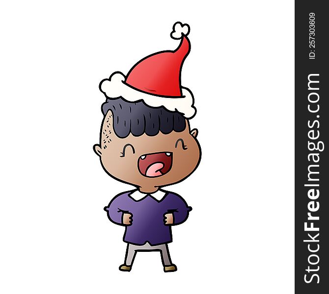 hand drawn gradient cartoon of a happy boy laughing wearing santa hat