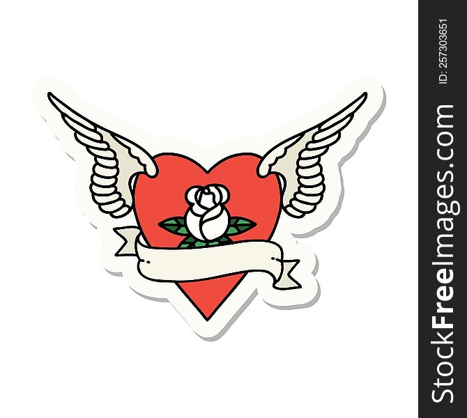 sticker of tattoo in traditional style of heart with wings a rose and banner. sticker of tattoo in traditional style of heart with wings a rose and banner